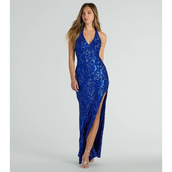 Windsor $119 Maxi V Neck Royal Blue GlitterSparkly Sequin Prom Formal Dress Sz S - Picture 1 of 13